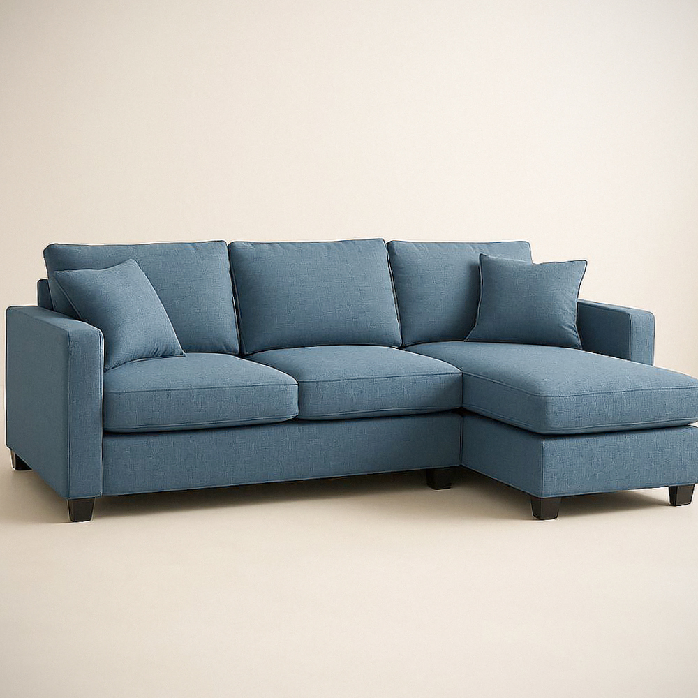 Canapé d'angle en tissu bleu avec accoudoirs et coussins amovibles 225 cm x 150 cm x 85 cm