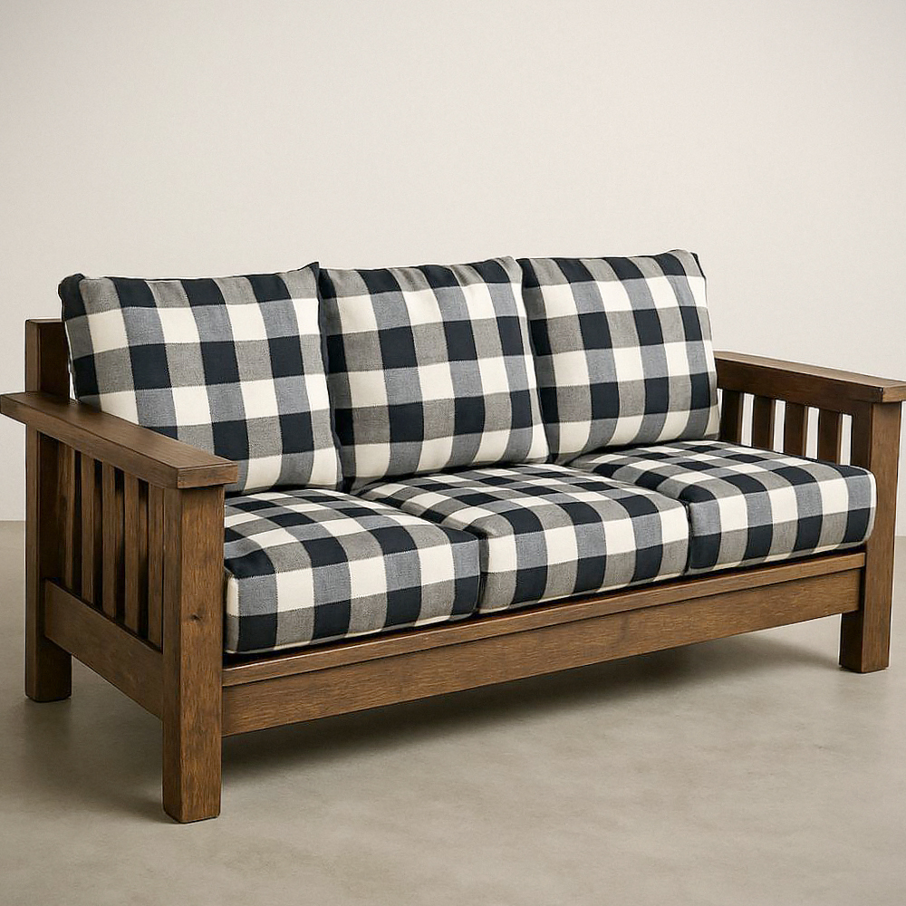 Canapé 3 Places en Bois Massif avec Coussins en Coton à Carreaux Noir/Blanc