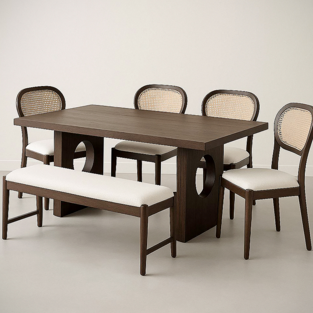 Ensemble de Table à Manger Rectangulaire en Bois Marron avec Chaises en Rotin et Banc, 6 Pièces