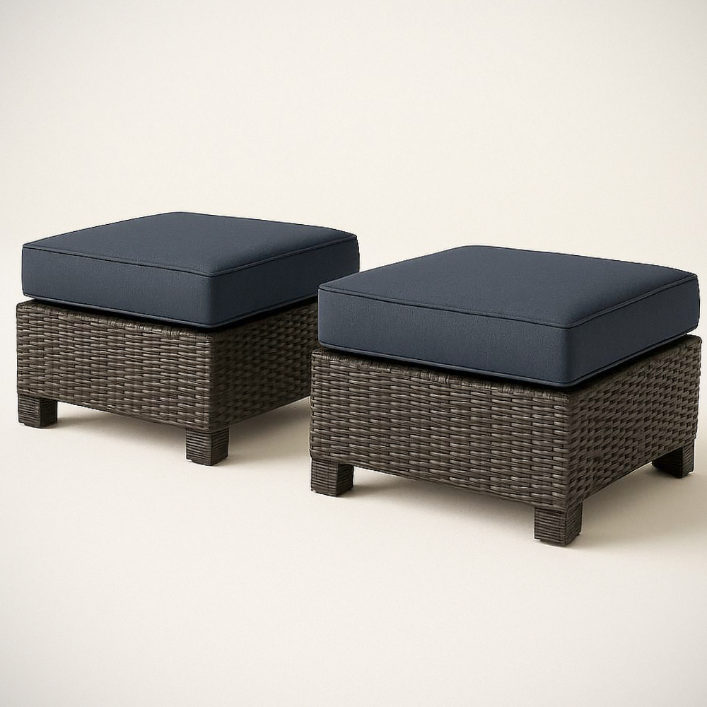 Set de 2 Poufs d'extérieur en Résine Tressée Carré avec Coussin en Polyester Gris/Bleu Foncé