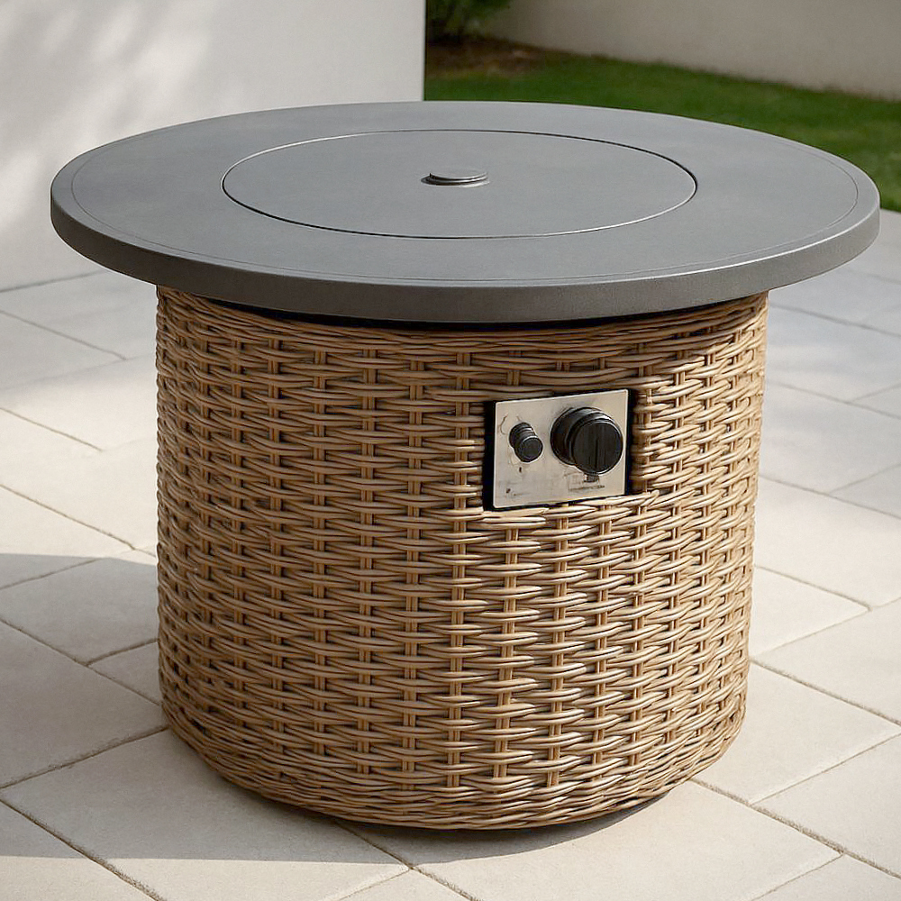 Table Chauffante Ronde en Résine Tressée avec Plateau en Acier - 90 cm Diàmetre x 55 cm Hauteur - Beige/Gris