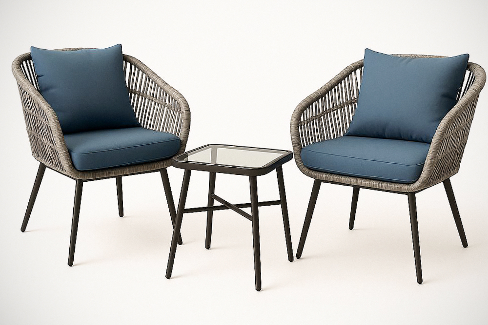 Ensemble de mobilier extérieur 3 pièces en résine tressée et verre trempé Gris/Bleu