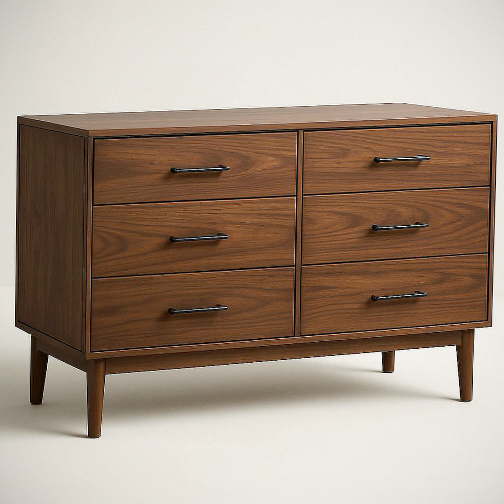 Commode à 6 tiroirs en bois de placage noyer, 120 cm x 40 cm x 75 cm, avec poignées en métal