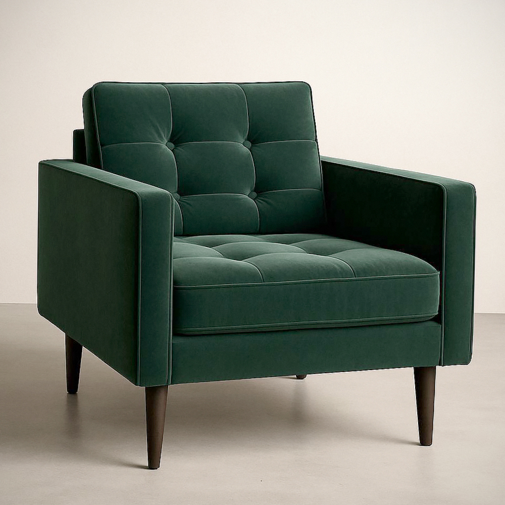Fauteuil en velours vert foncé avec pieds en bois massif, 85 cm x 90 cm x 75 cm, fauteuil rembourré