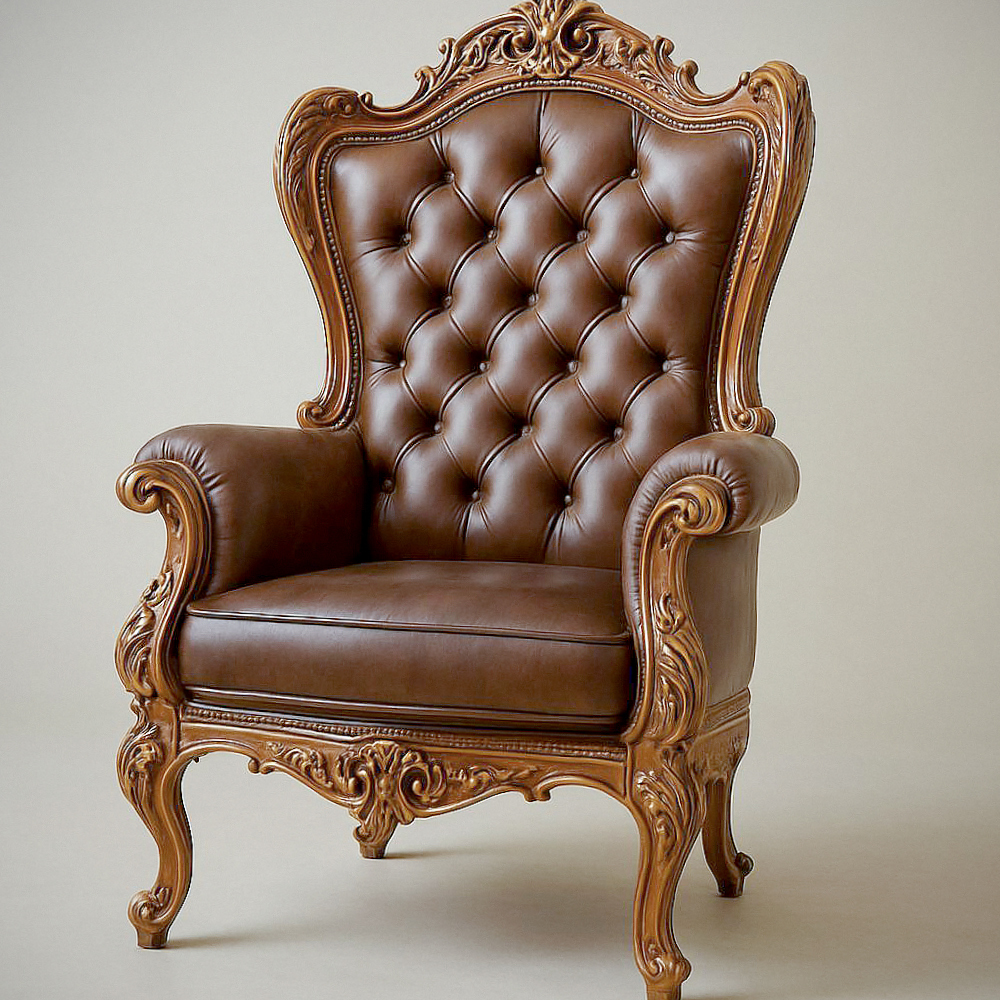 Fauteuil en Cuir PU avec Dossier Haut et Cadre en Bois Sculpté, Marron, 115cm x 70cm x 80cm
