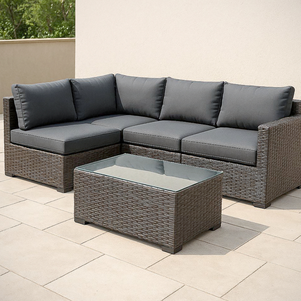 Ensemble de salon de jardin modulaire en résine tressée avec table en verre, 5 pièces, Gris