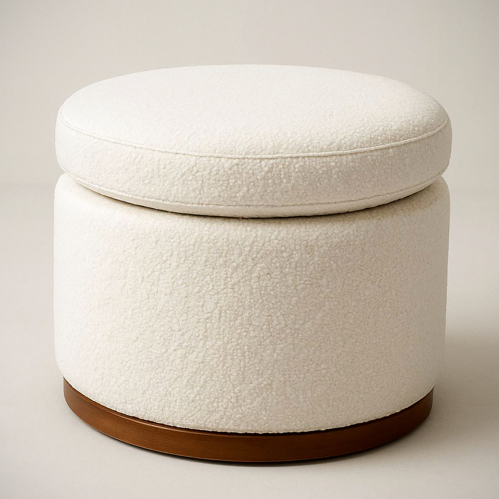 Pouf Rond en Tissu Bouclé Blanc avec Base en Bois - 40cm Hauteur x 35cm Diamètre