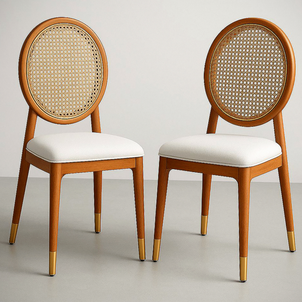 Chaise Ronde en Bois et Rotin avec Assise Rembourrée en Tissu Blanc, Lot de 2