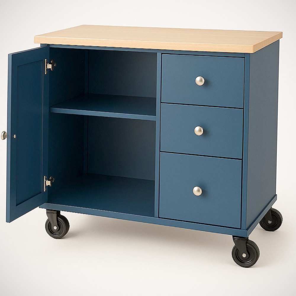 Armoire de Rangement Mobile à Roulettes avec Porte et Tiroirs en Bois MDF/Bouleau Bleu 80cm x 40cm x 90cm