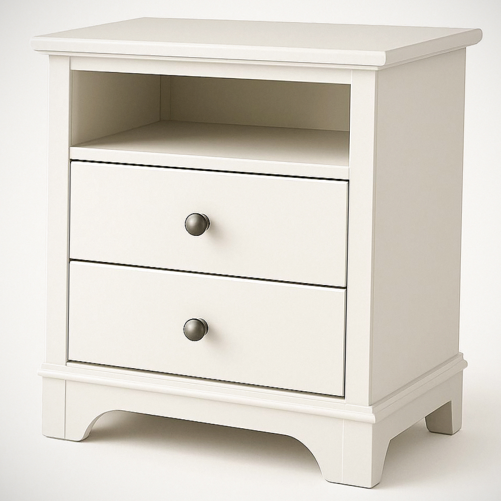 Table de Chevet en Bois MDF Blanc avec 2 Tiroirs et 1 Étagère Ouverte 60x50x40 cm