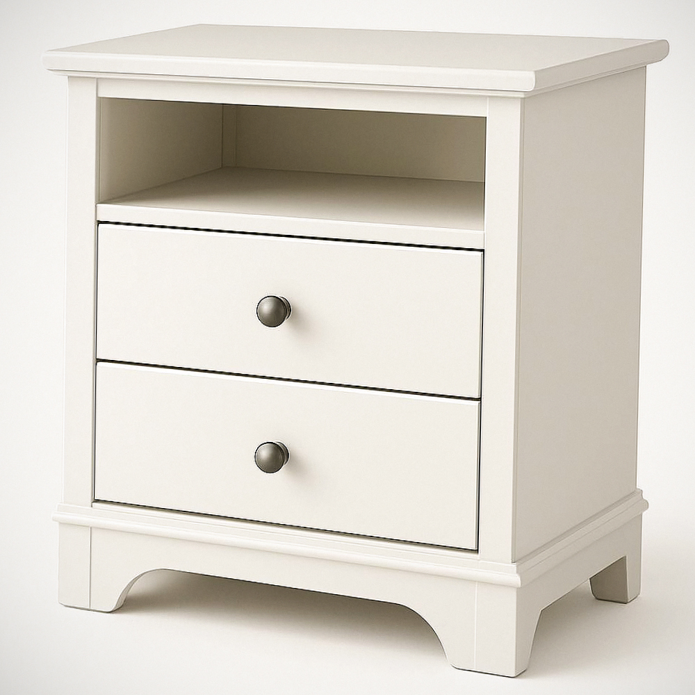 Table de Chevet en Bois MDF Blanc avec 2 Tiroirs et 1 Étagère Ouverte 60x50x40 cm