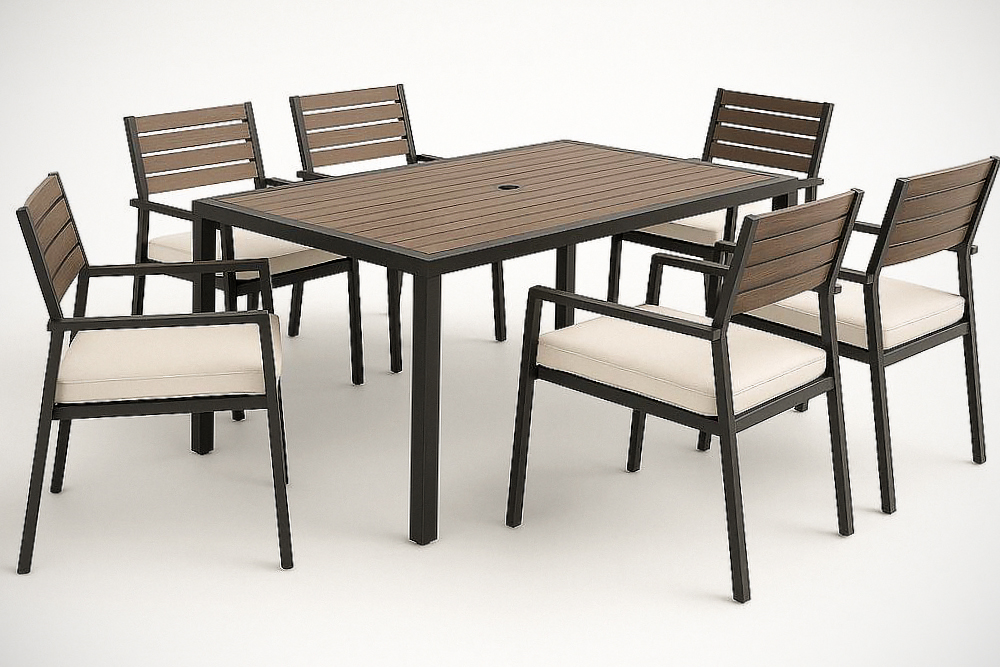 Set de Salon de Jardin 7 Pièces Rectangulaire Aluminium/Bois/Polyester Brun/Noir 150x90x74 cm