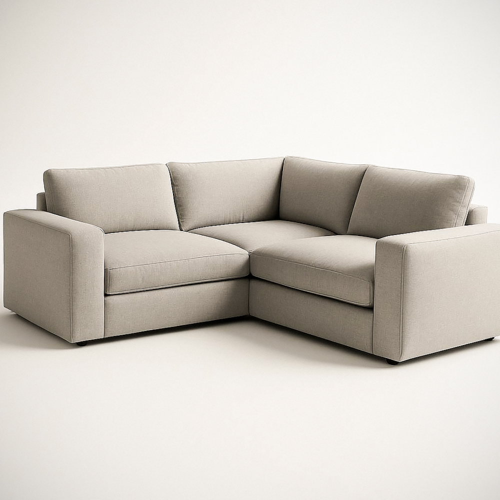 Canapé d'angle en tissu gris clair avec rembourrage mousse, dimensions 250x150x85 cm