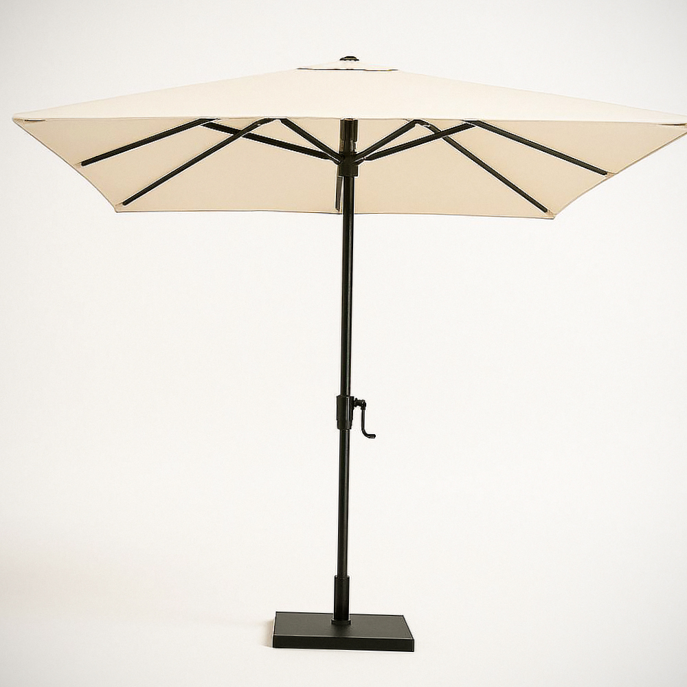 Parasol de jardin carré en polyester beige avec structure en aluminium noir, diamètre 300 cm