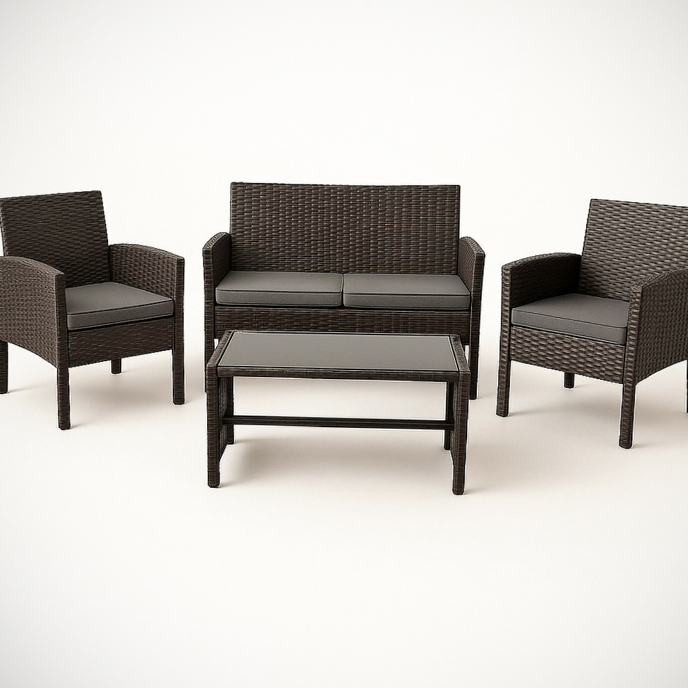 Ensemble de meubles de jardin en résine tressée 4 pièces avec coussins gris et table en verre