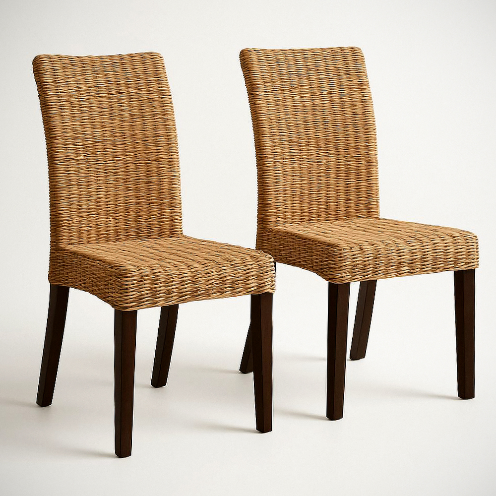 Lot de 2 chaises salle à manger en rotin et bois massif brun