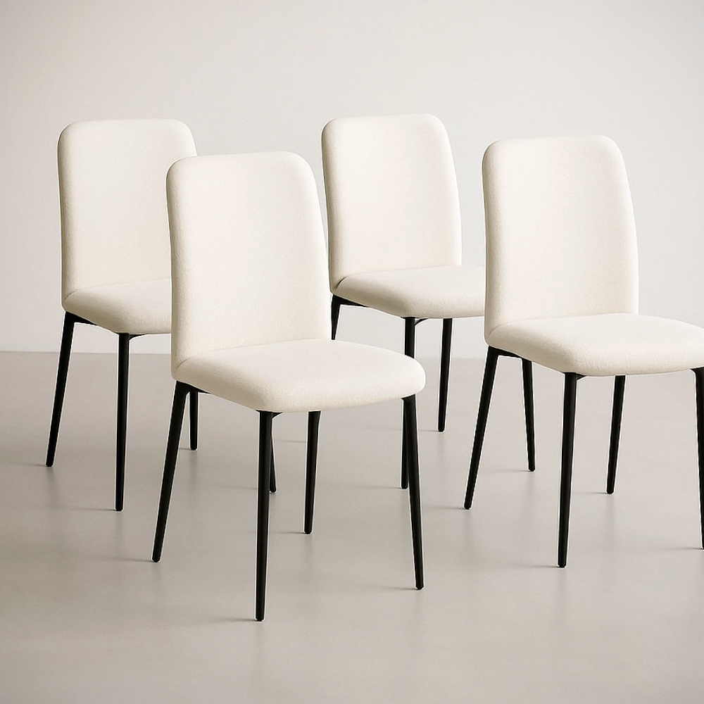 Chaise de Salle à Manger en Tissu Polyester avec Pieds en Métal Noir, Set de 4, Blanc, 85 cm de Hauteur