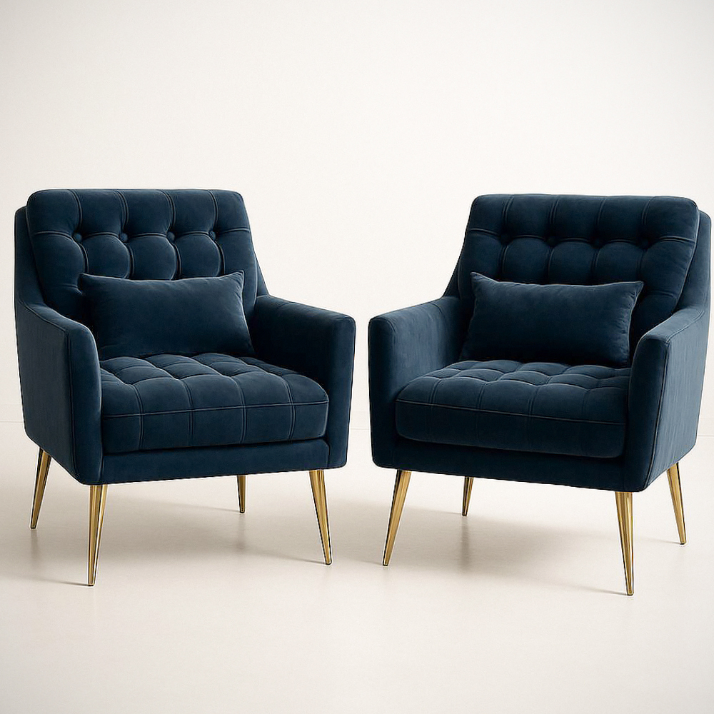 Lot De Deux Fauteuils En Velours Bleu Foncé Avec Pieds En Acier Galvanisé Doré