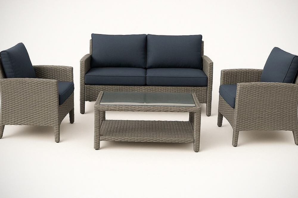 Ensemble de meubles de jardin en aluminium et résine tressée gris coussins bleus 4 pièces