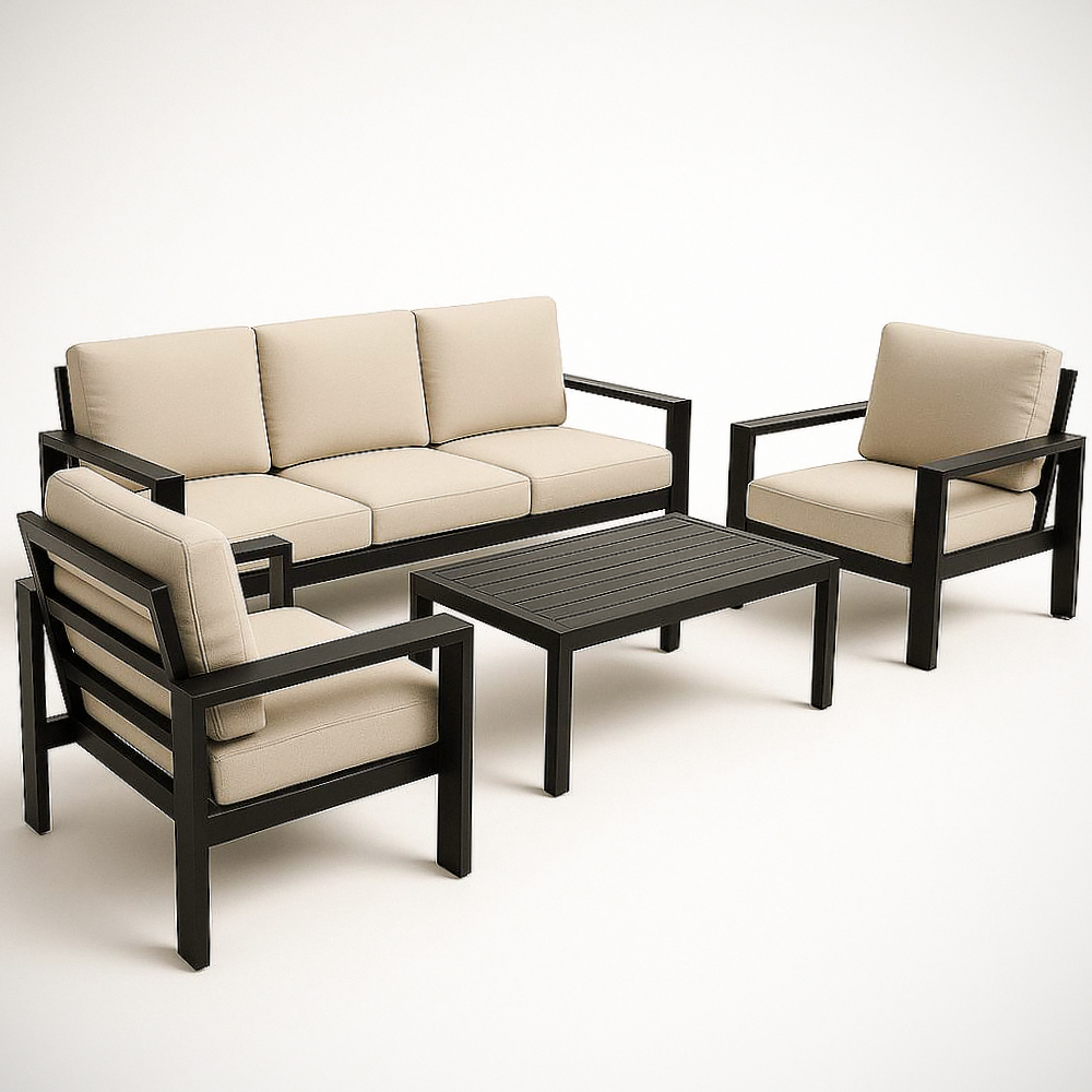 Ensemble de mobilier de jardin 4 pièces en aluminium noir avec coussins en polyester beige