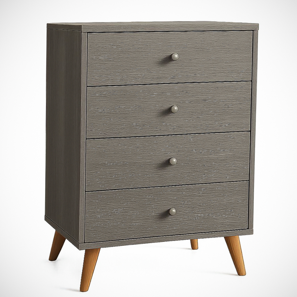 Commode 4 Tiroirs MDF Gris avec Pieds Pin