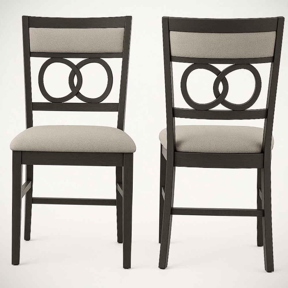 Chaise de salle à manger en bois avec assise en tissu gris et motif cercle sur dossier, 2 pièces