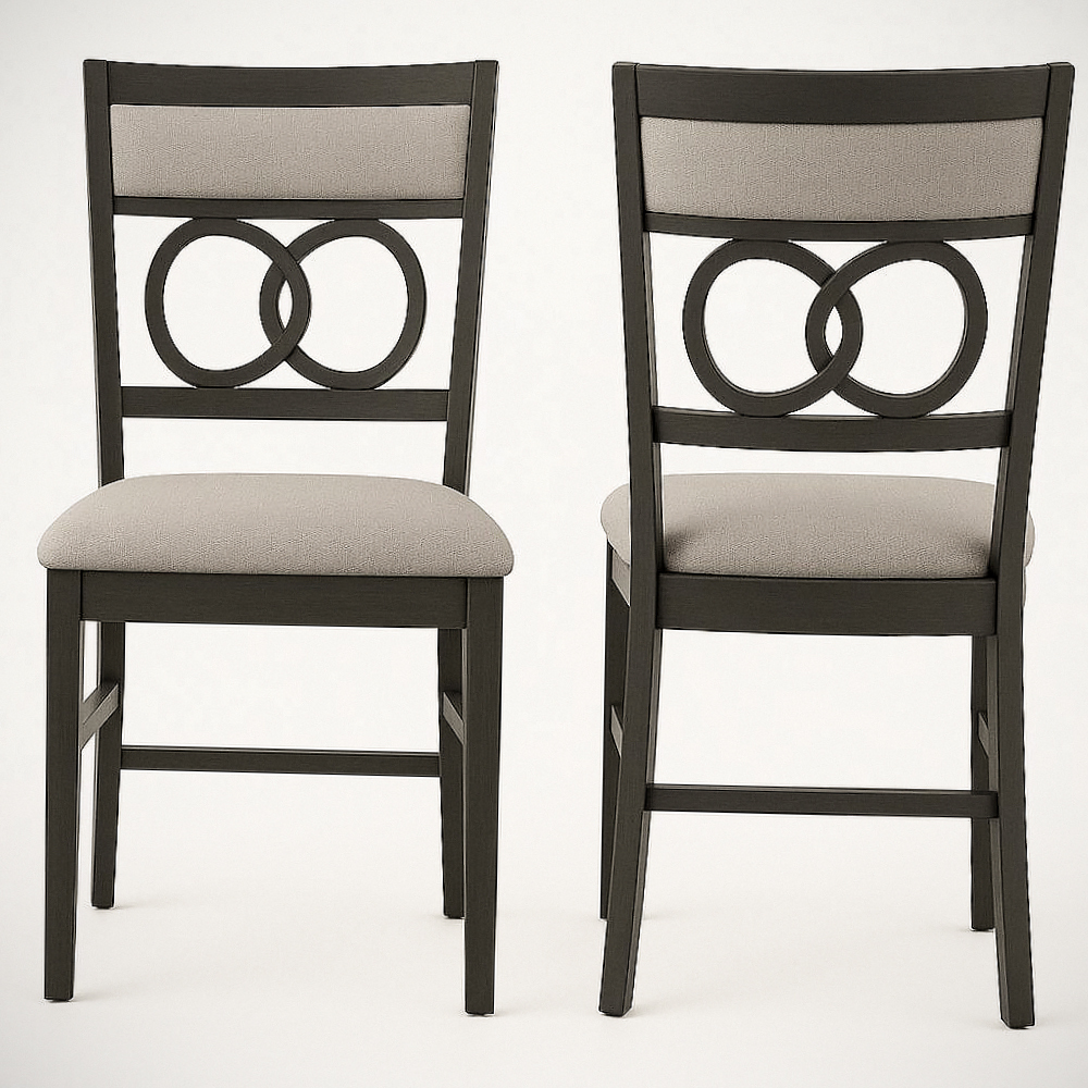 Chaise de salle à manger en bois avec assise en tissu gris et motif cercle sur dossier, 2 pièces