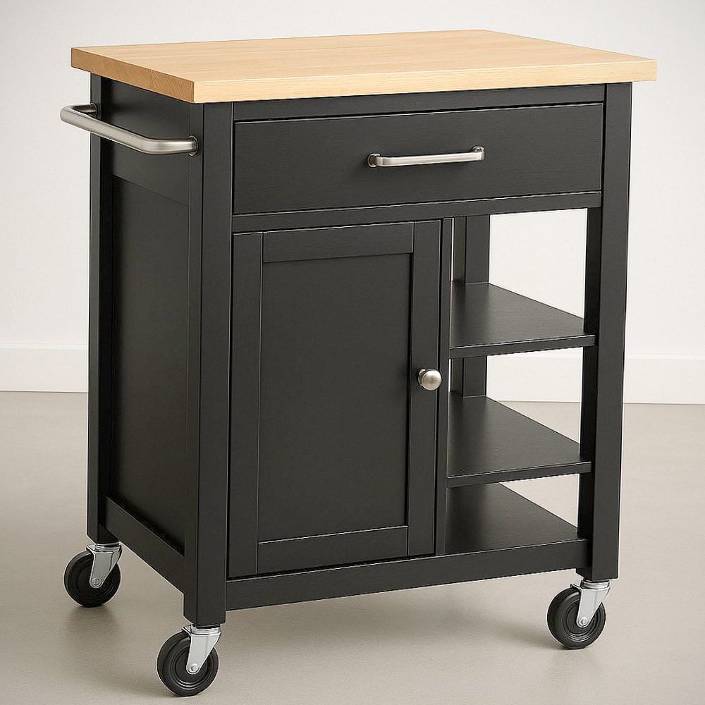 Chariot de Cuisine Compact Rectangulaire avec Plan de Travail en Bois et Corps Noir, 85x45x90 cm