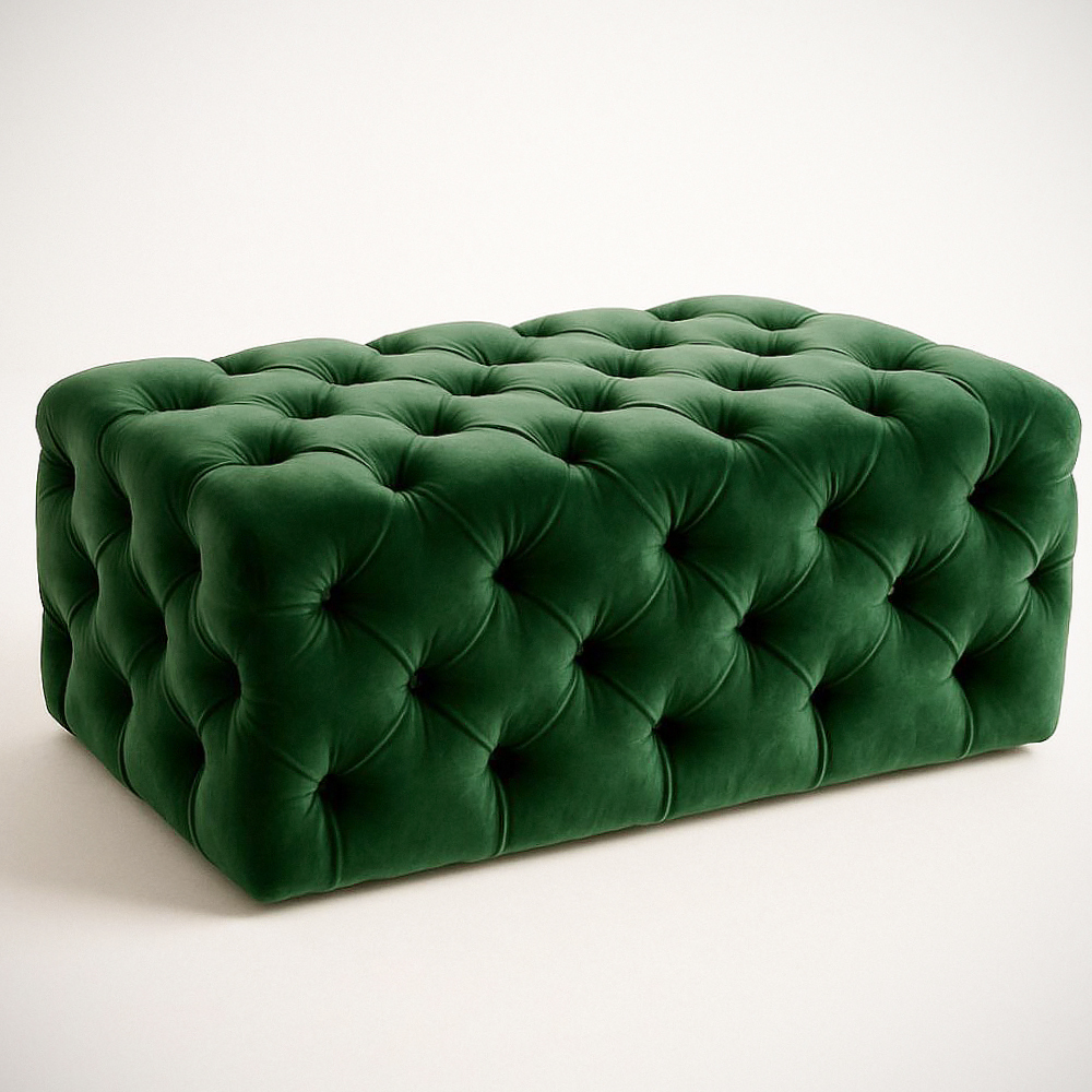 Pouf capitonné rectangulaire en velours vert 120x60x40cm
