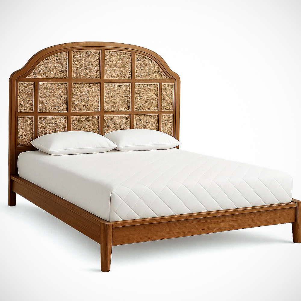 Lit simple en bois massif avec tête de lit en rotin 200x160x110 cm Marron/Beige