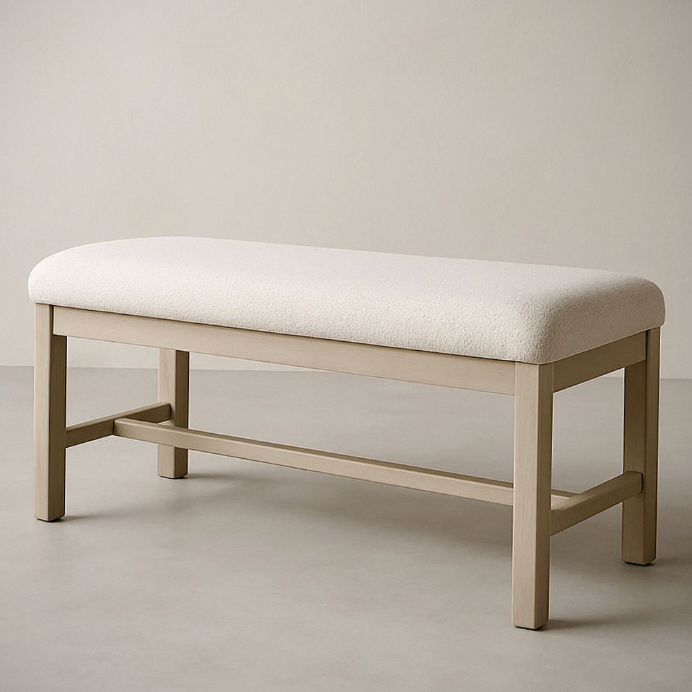 Banc rembourré beige en bois et tissu longueur 120 cm, largeur 40 cm, hauteur 45 cm