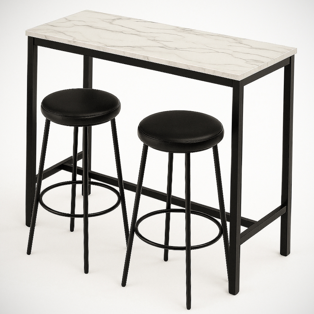 Table rectangulaire en marbre synthétique et acier noir avec tabourets ronds en PU noir - 3 pièces - 120cm x 40cm x 95cm