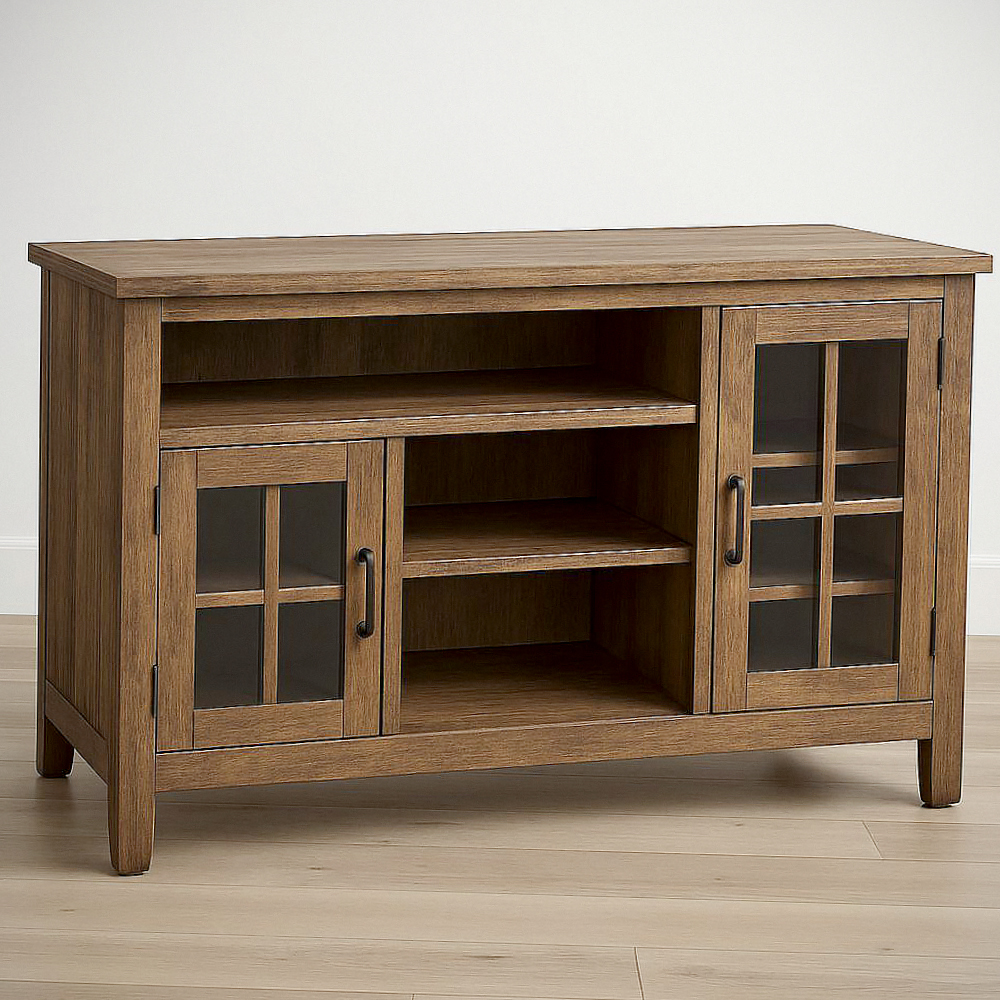 Buffet en bois chêne avec portes vitrées et étagères 120x40x75 cm