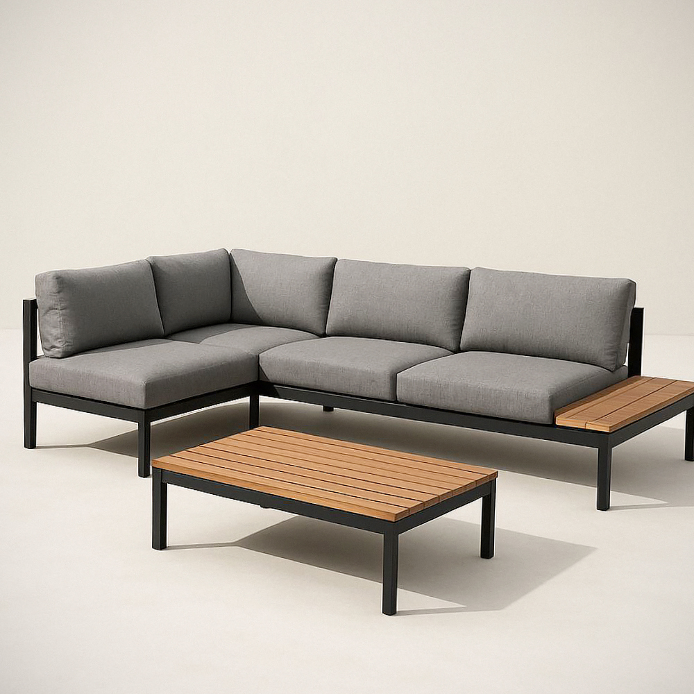 Salon de jardin modulable en aluminium et bois avec coussins en polyester gris