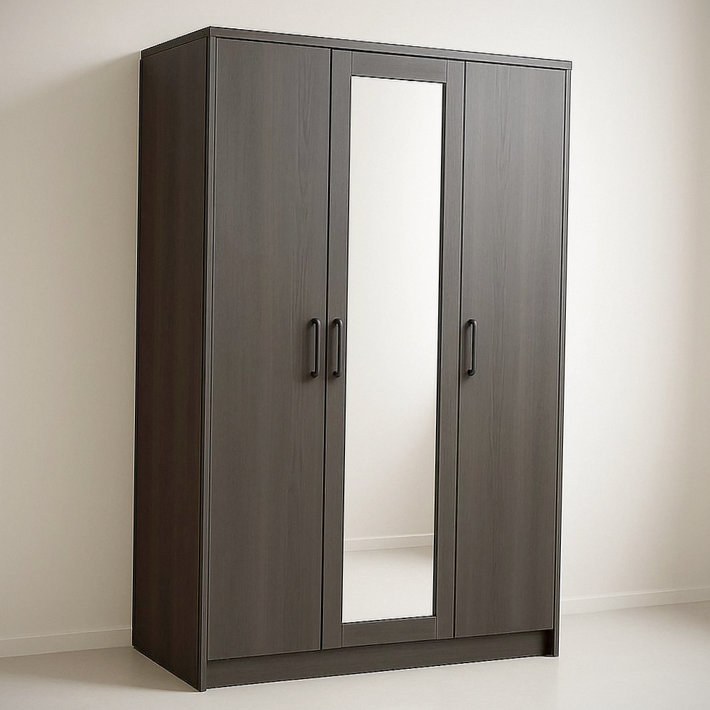 Armoire à 3 Portes avec Miroir Panneau de Particules Bois Sombre 180cm x 120cm x 50cm