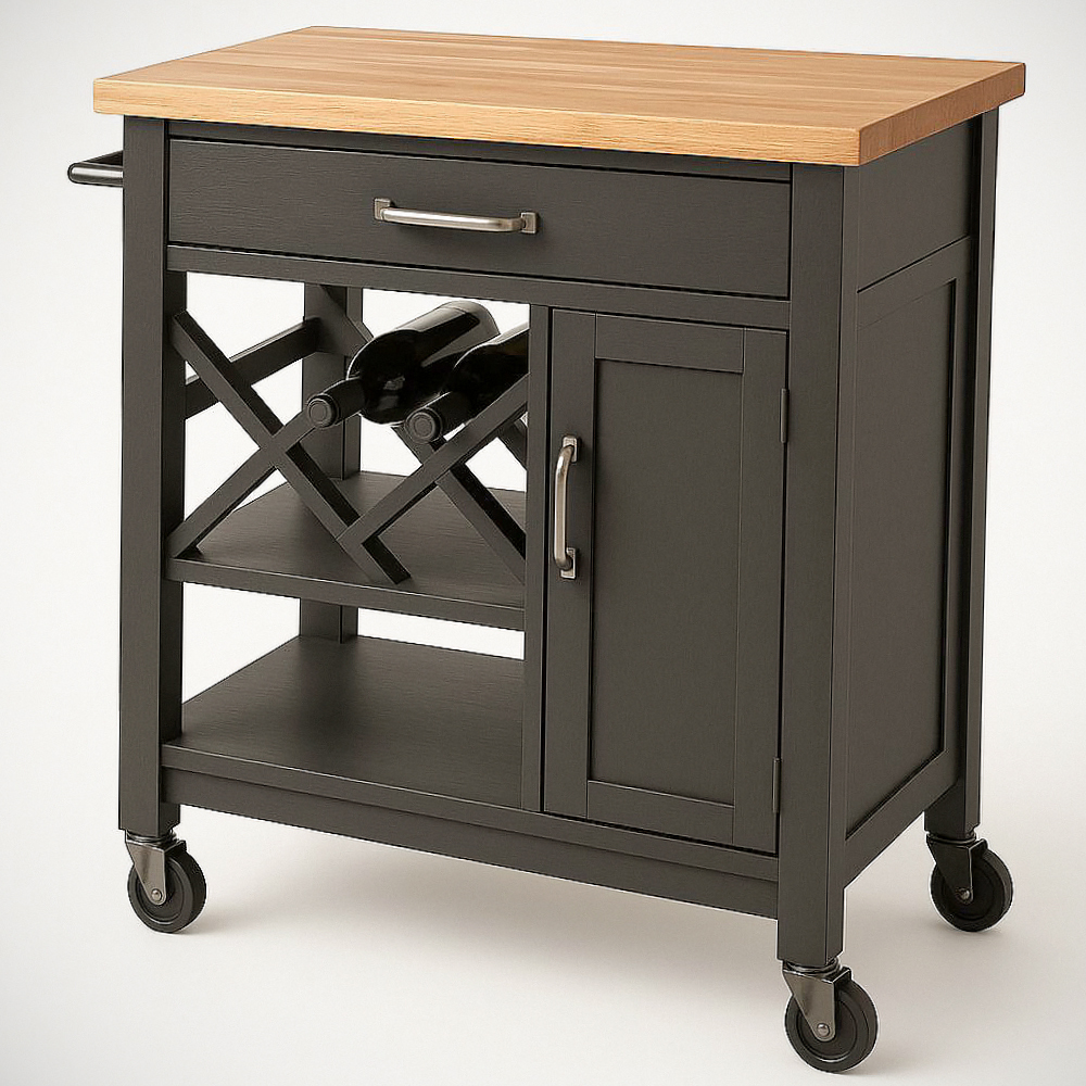 Chariot de Cuisine Mobile en Bois Massif/Acier Noir avec Surface en Chêne et Porte-Bouteille Intégré 90cm x 50cm x 95cm