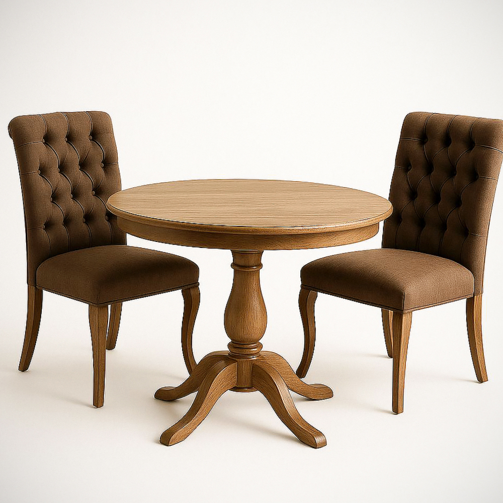 Ensemble Table Ronde et Chaises en Bois/Microfibre Marron (3 Pièces)