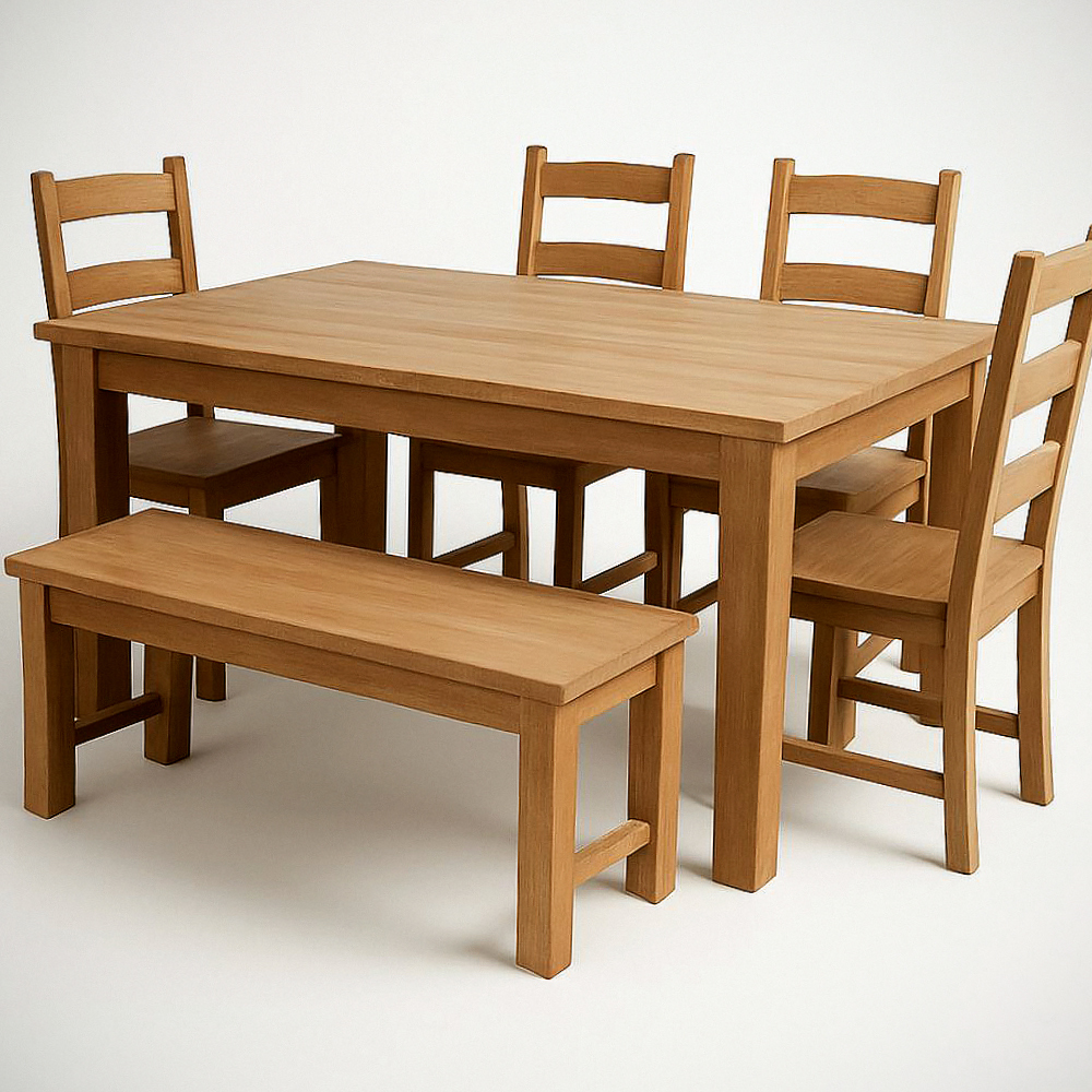 Ensemble de Salle à Manger 6 Pièces en Bois Massif Chêne Naturel Table Rectangulaire et Chaises avec Banc