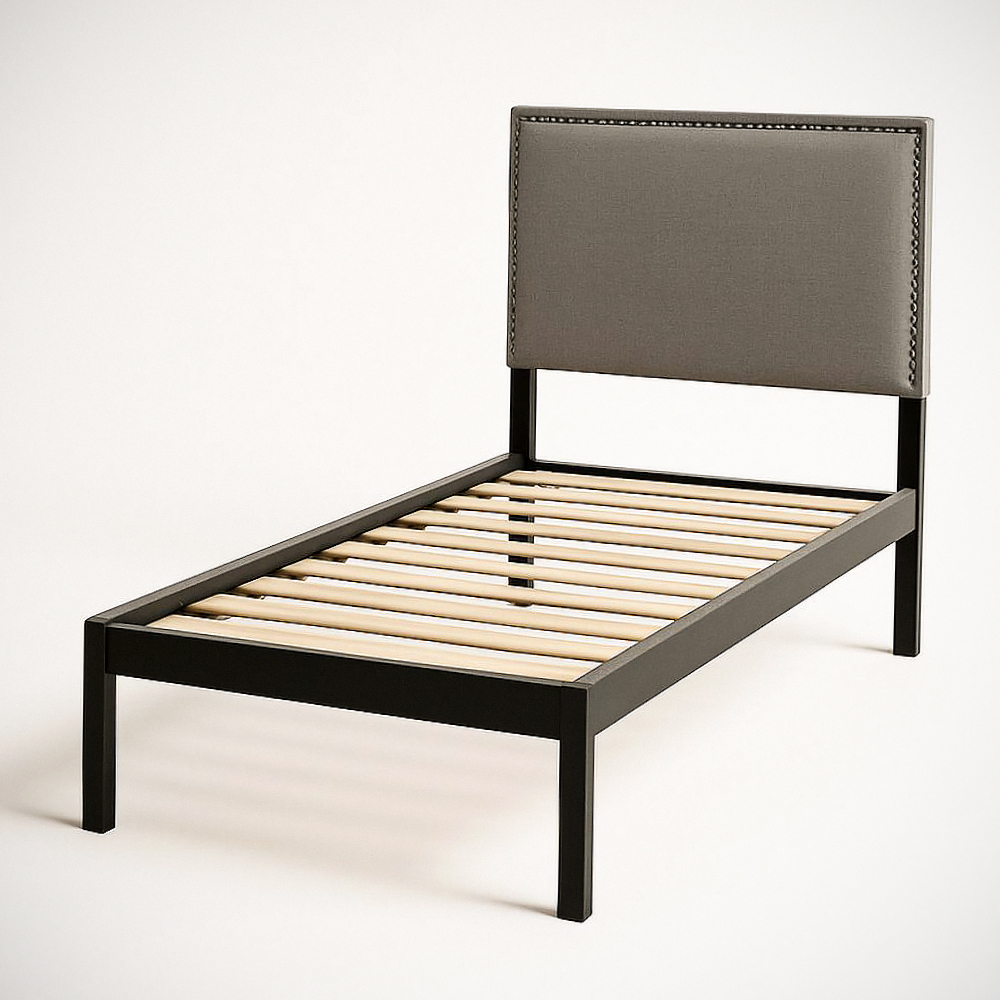 Lit Simple en Métal avec Tête de Lit Rembourrée Gris 200x90x80 cm