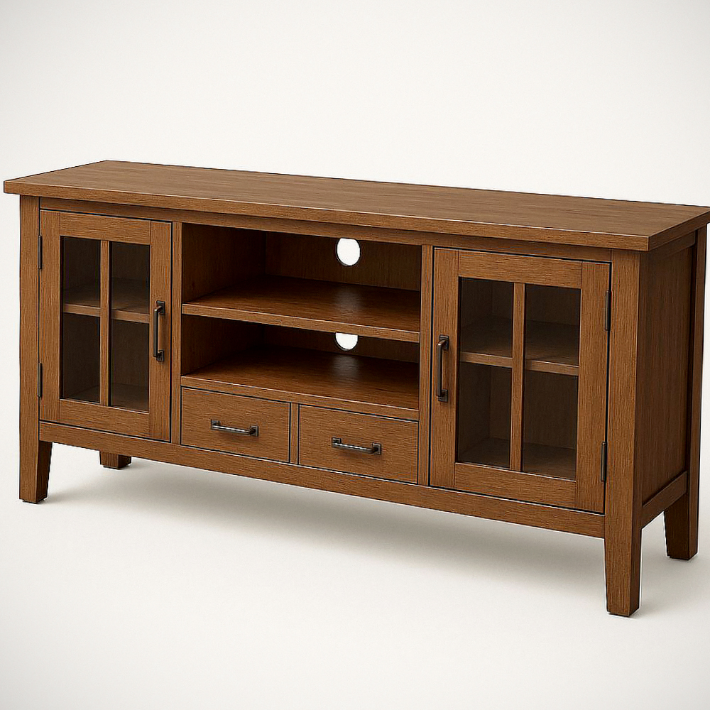 Meuble TV en Bois Massif avec Portes en Verre et Tiroirs 120x40x60 cm