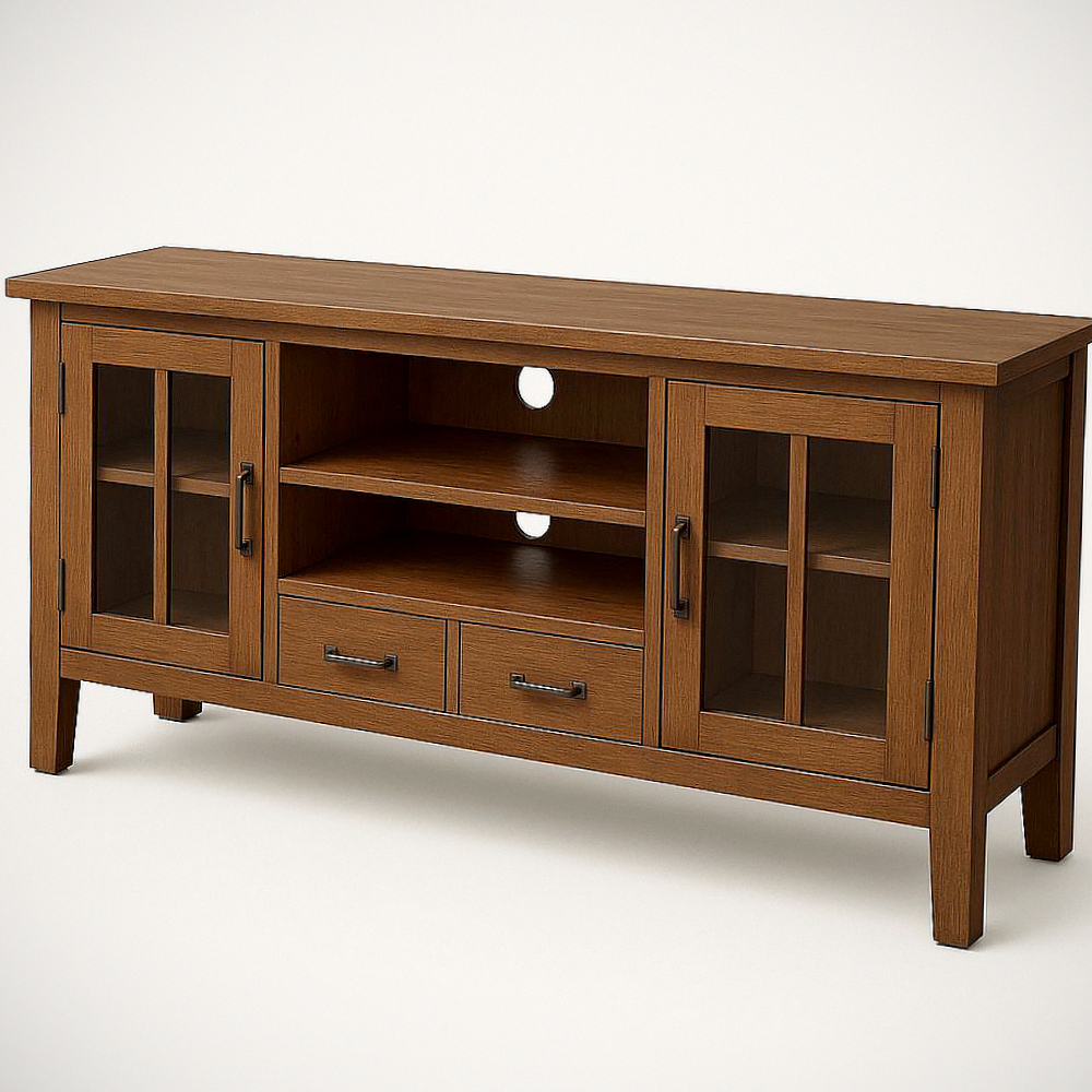 Meuble TV en Bois Massif avec Portes en Verre et Tiroirs 120x40x60 cm