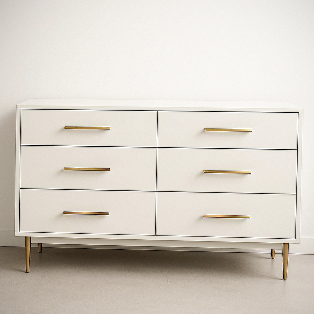 Commode 6 Tiroirs en Bois MDF Blanc Hauteur 80 cm, Largeur 150 cm, Profondeur 45 cm