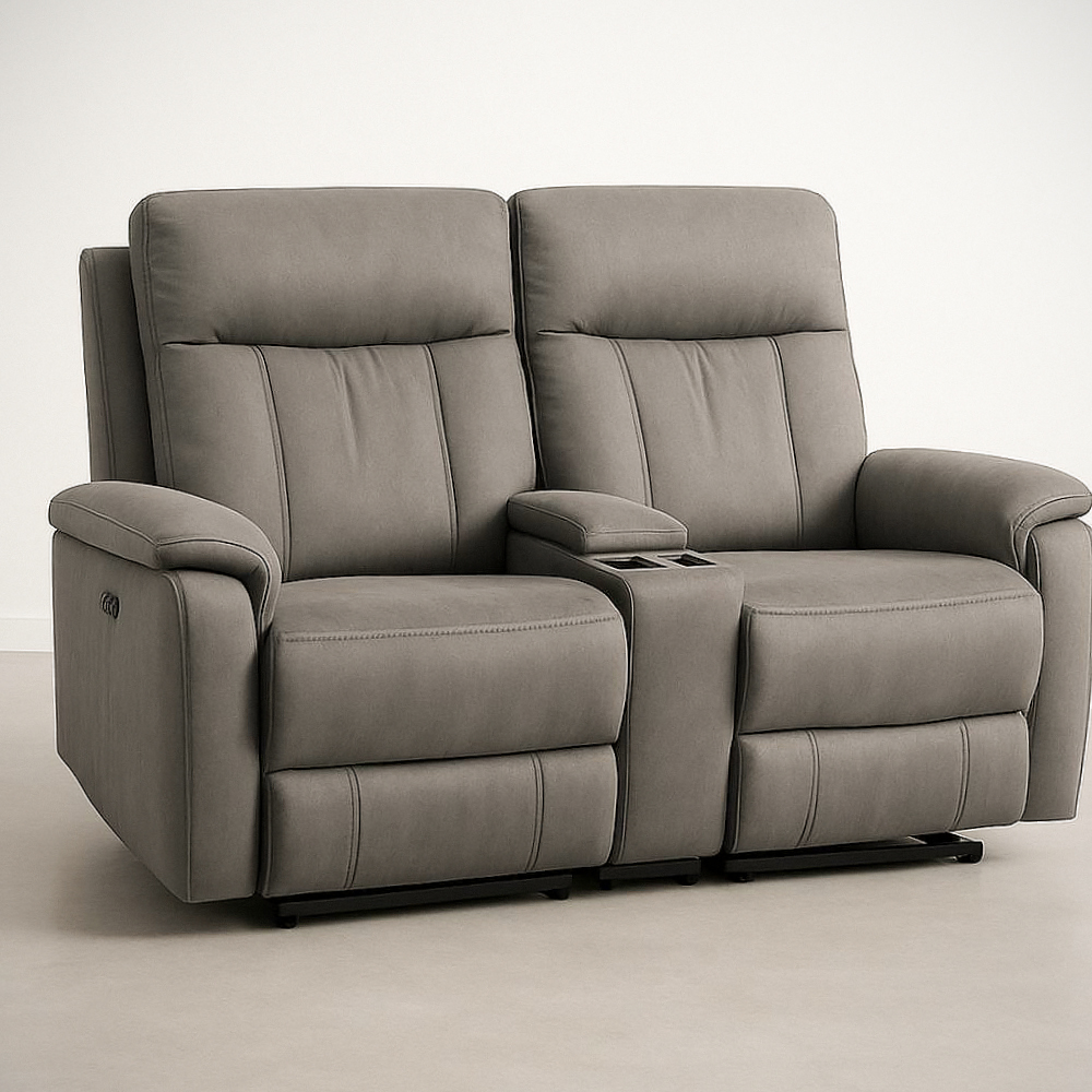 Canapé Relaxation 2 Places Tissu Synthétique Gris avec Accoudoirs et Porte-gobelets