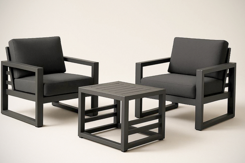 Ensemble de mobilier d'extérieur en aluminium noir 3 pièces: 2 fauteuils et 1 table