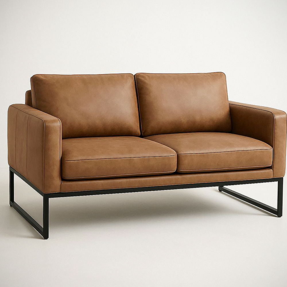 Canapé Deux Places En Simili-cuir Marron Structure En Acier Galvanisé Noir 140 cm x 85 cm x 80 cm