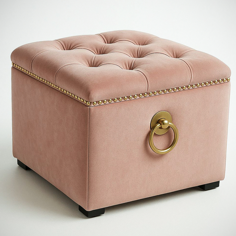 Tabouret carré en velours rose avec décoration à boutons capitonnés et anneaux