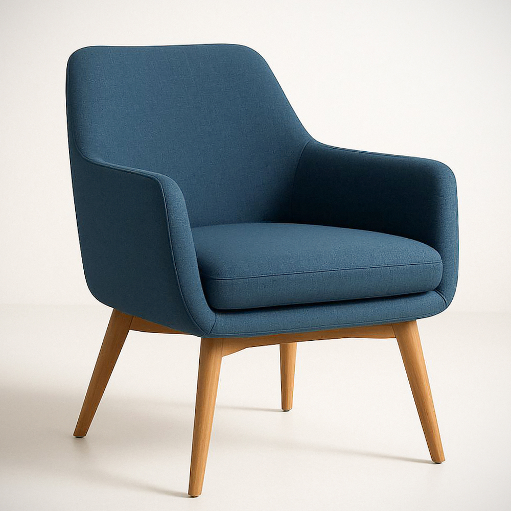 Fauteuil en Tissu Bleu avec Pieds en Bois de Hêtre, Dimensions 80 cm x 75 cm x 85 cm