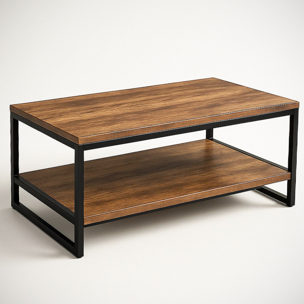Table basse rectangulaire en métal et panneau plaqué bois 100x55x45cm
