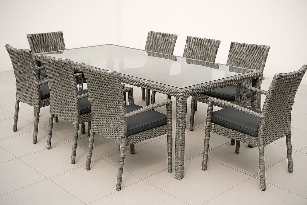 Ensemble mobilier de jardin 9 pièces rectangulaire en résine tressée avec plateau en verre trempé Gris