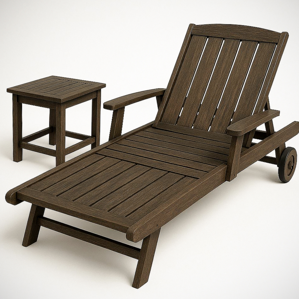 Ensemble de Chaise Longue Réglable en Bois Composite et Table d'Appoint pour Jardin Extérieur Brun